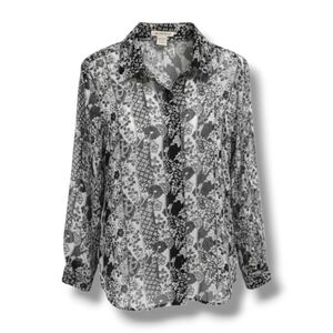 Notations Women's black white floral semi-sheer button-down Blouse- large